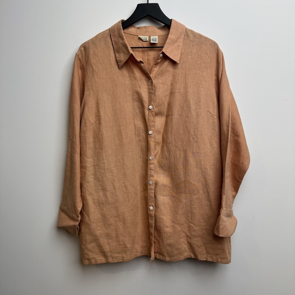 Linden Hill Button Down Shirt Full 100% Linen Coral L Long Sleeve Summer Women's
